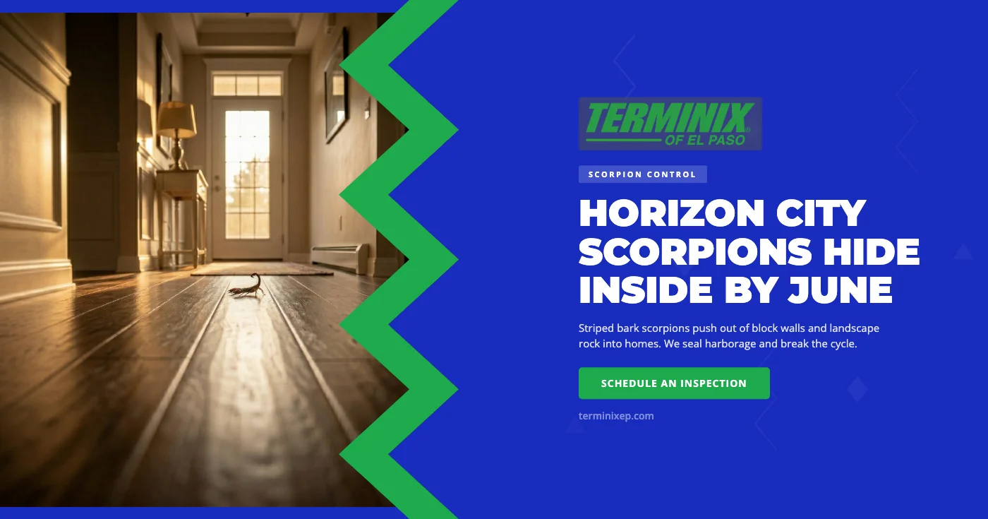 Scorpion control in Horizon City, TX - Terminix El Paso technician inspecting block wall cells and weep holes during June striped bark scorpion surge